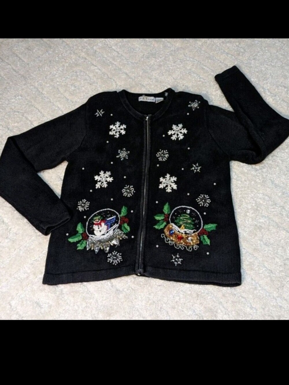 B.P. Design Christmas Sweater Snowflake Zip-Up Cardigan Embellished Embroidered
